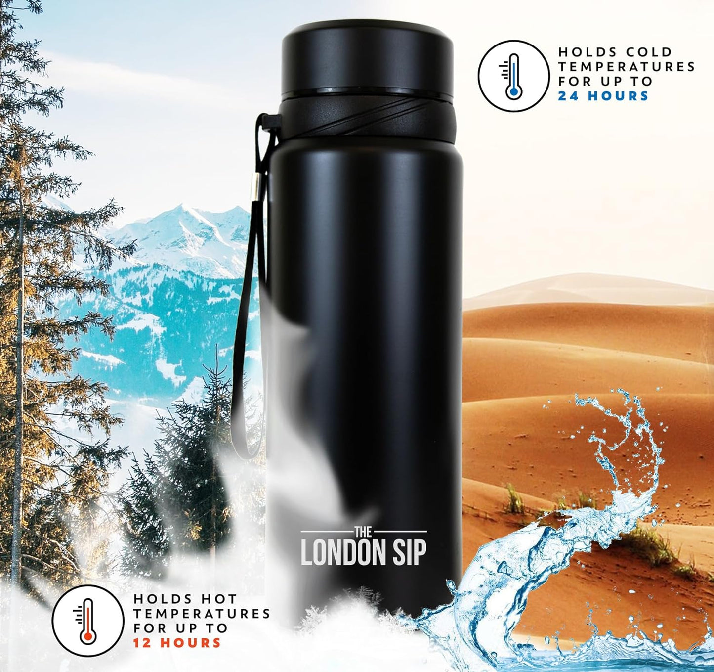 London Sip 25 oz Multi-Function Travel Mug and Tumbler Tea Infuser Water Bottle Fruit Infuser Flask Hot and Cold Double Wall Stainless Steel Coffee Thermos, Zen Black, Pack of 2
