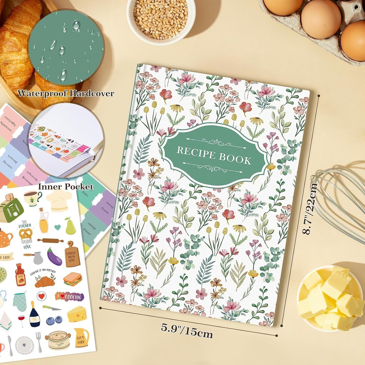 Lanpn Blank Recipe Book Cookbook for 70 Recipes, A5 Waterproof Empty Recipe Notebook to Organize Your Family Recipes, Leather Cooking Journal with Stickers to Write in Your Own Recipes, Green