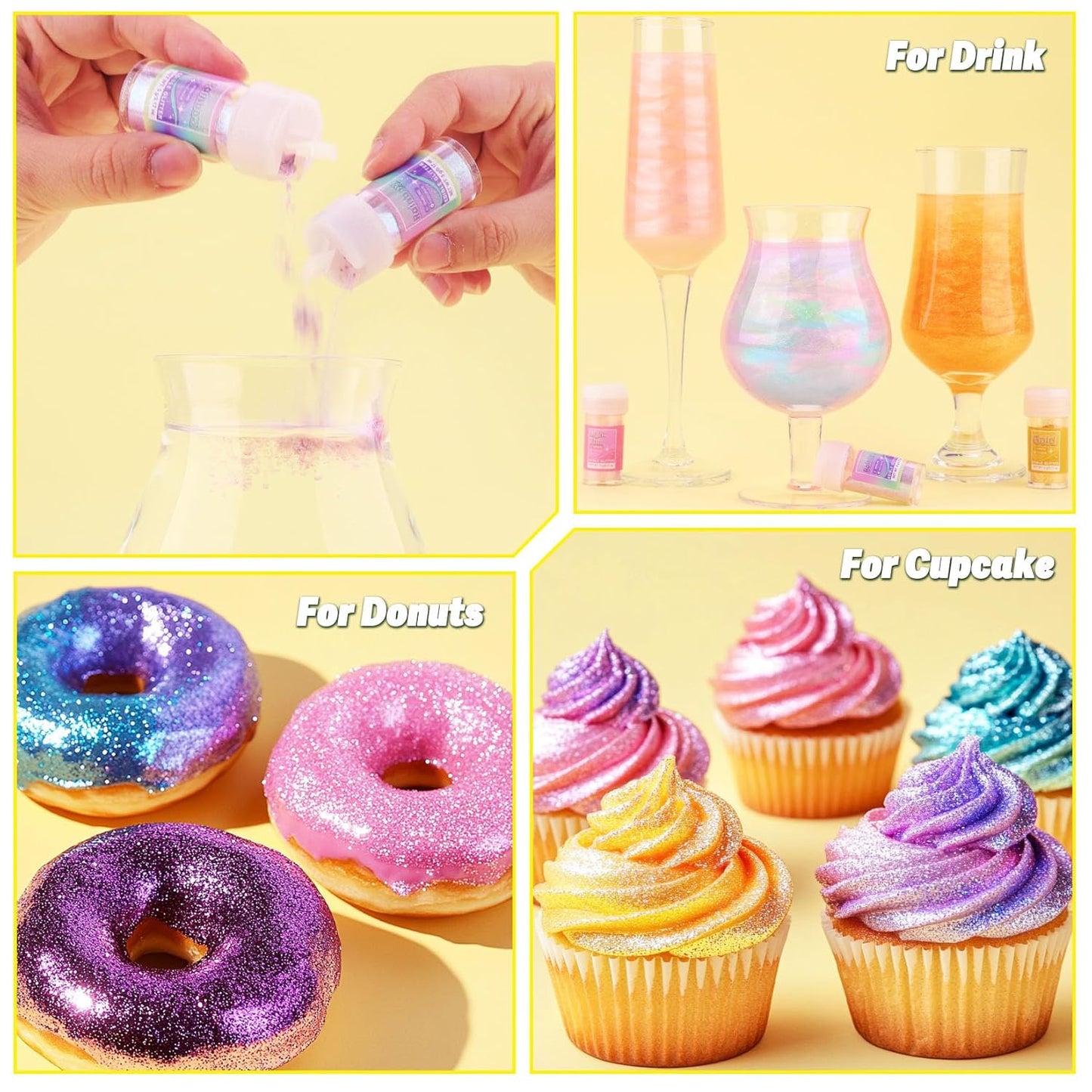 Edible Glitter - 15 Popular Colors Edible Glitter for Cocktails, Food Grade Luster Dust, Iridescent Shimmer Powder for Cake Decorations, Drinks, Baking, Dessert - 3 Particle Sizes - 5g/Bottle
