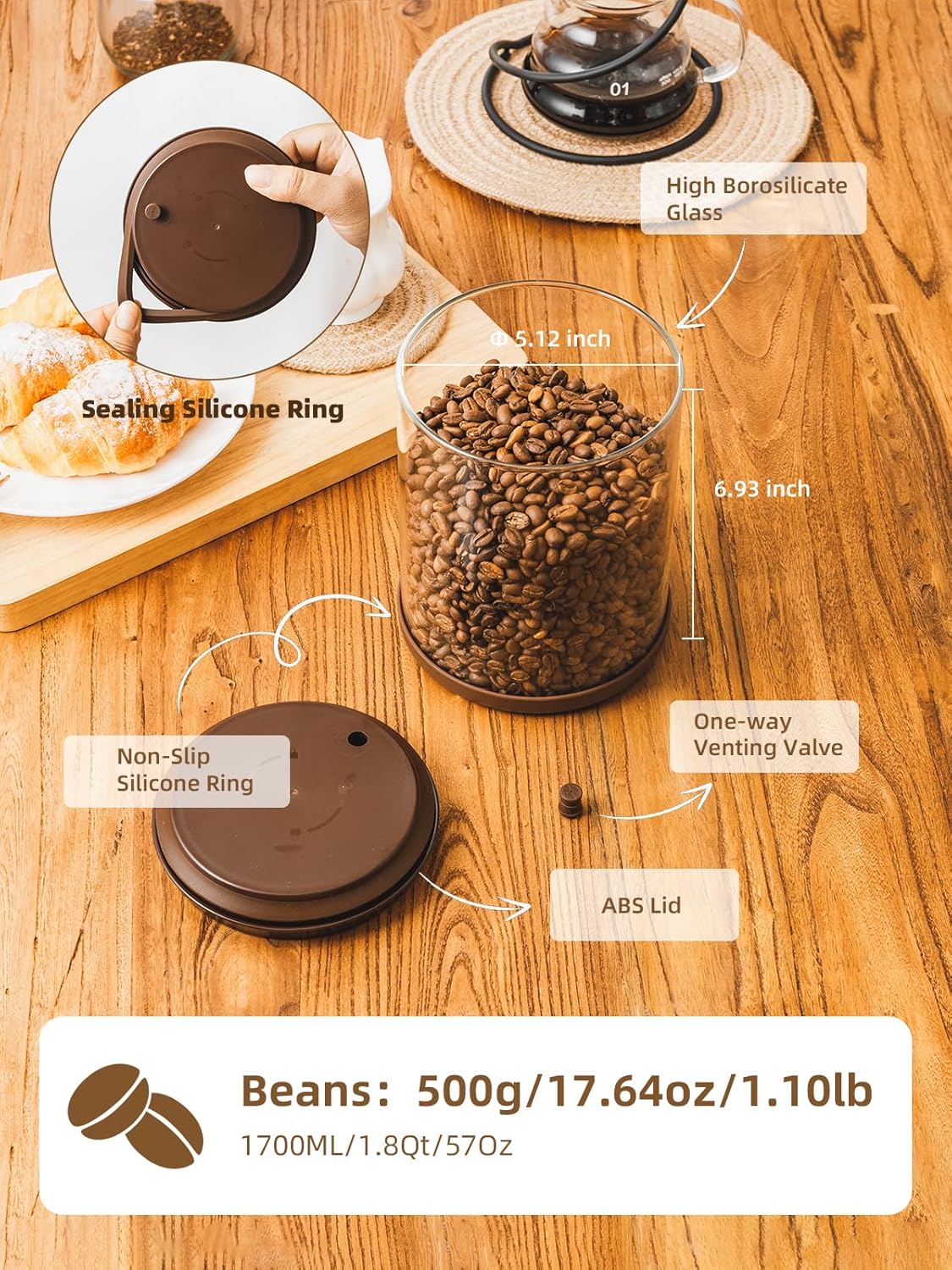 Large Coffee Canister 18 oz, Airtight Food Storage Container with Pop Lid, CO2-Release Valve, High Borosilicate Glass Contianers For Tea Coffee Bean Sugar, 1700 ml Brown