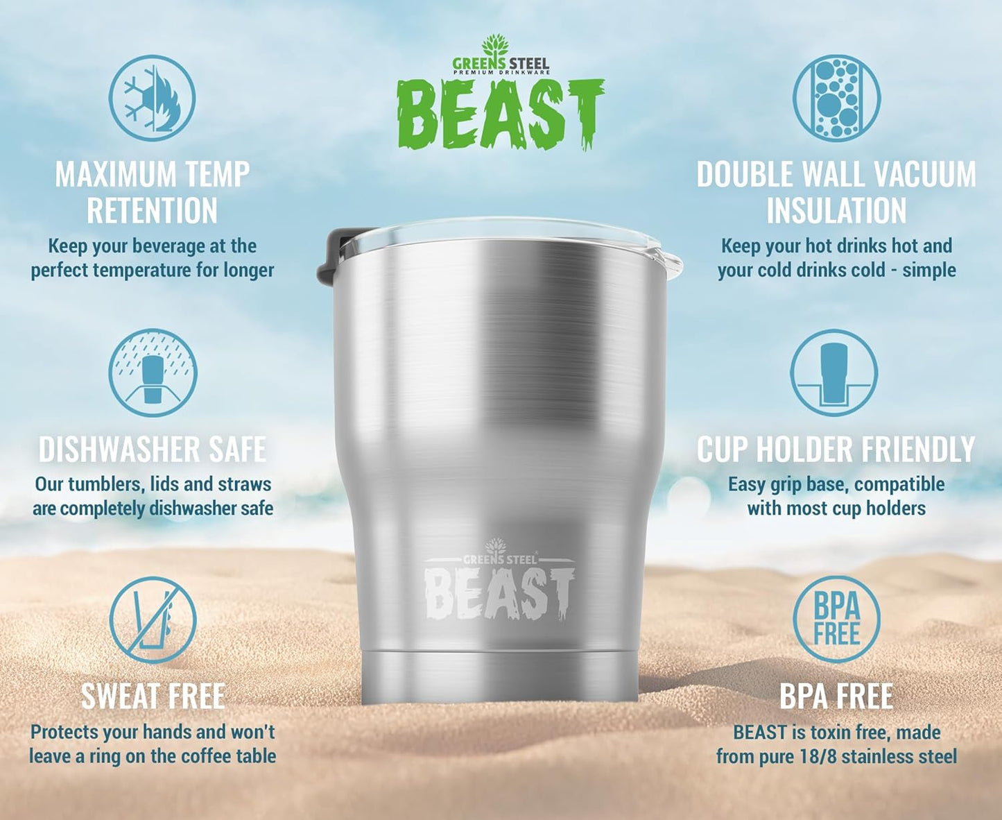 Beast 10 oz Tumbler Stainless Steel Vacuum Insulated Coffee Ice Cup Double Wall Travel Flask (Steel)
