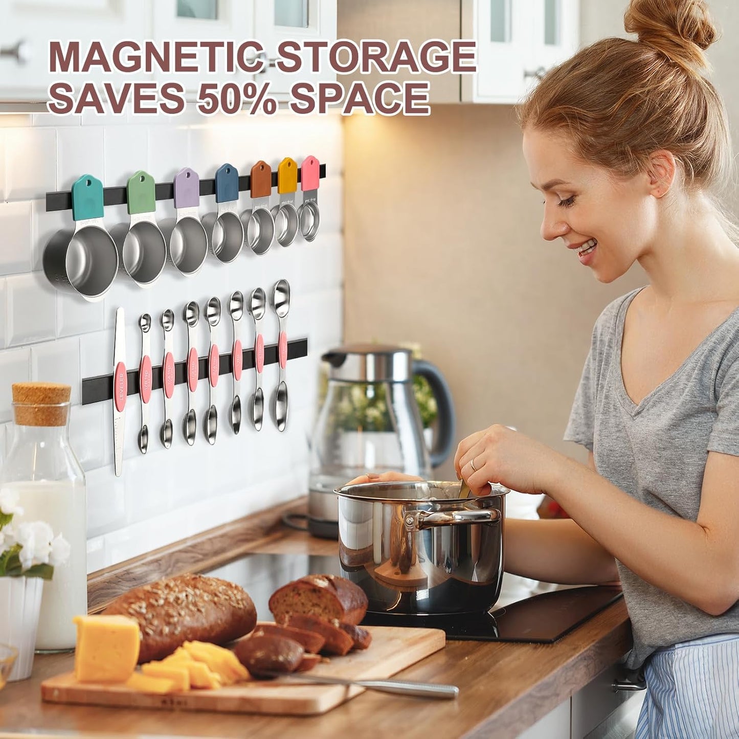 15-Piece Stainless Steel Measuring Cups and Spoons Set, Strong Magnetic Nesting Design 7 Cups 7 Spoons with Leveler, Double Measurement Markings for Dry & Liquid Ingredients, Pink & Colorful