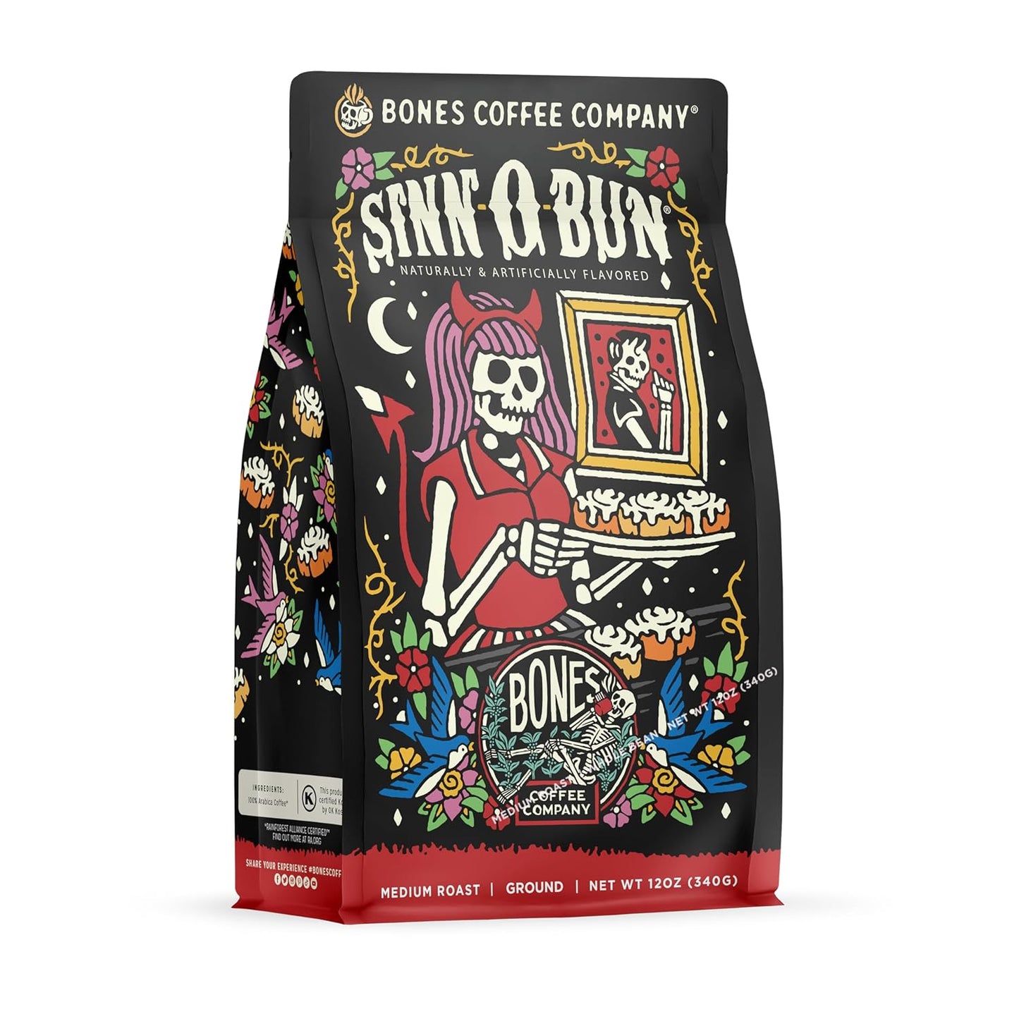 Bones Coffee Company Cinnamon Roll Flavored Coffee, Medium Roast Low Acid Arabica Beans Compatible with Auto drip and French Press Coffee Maker, 12 Oz Ground