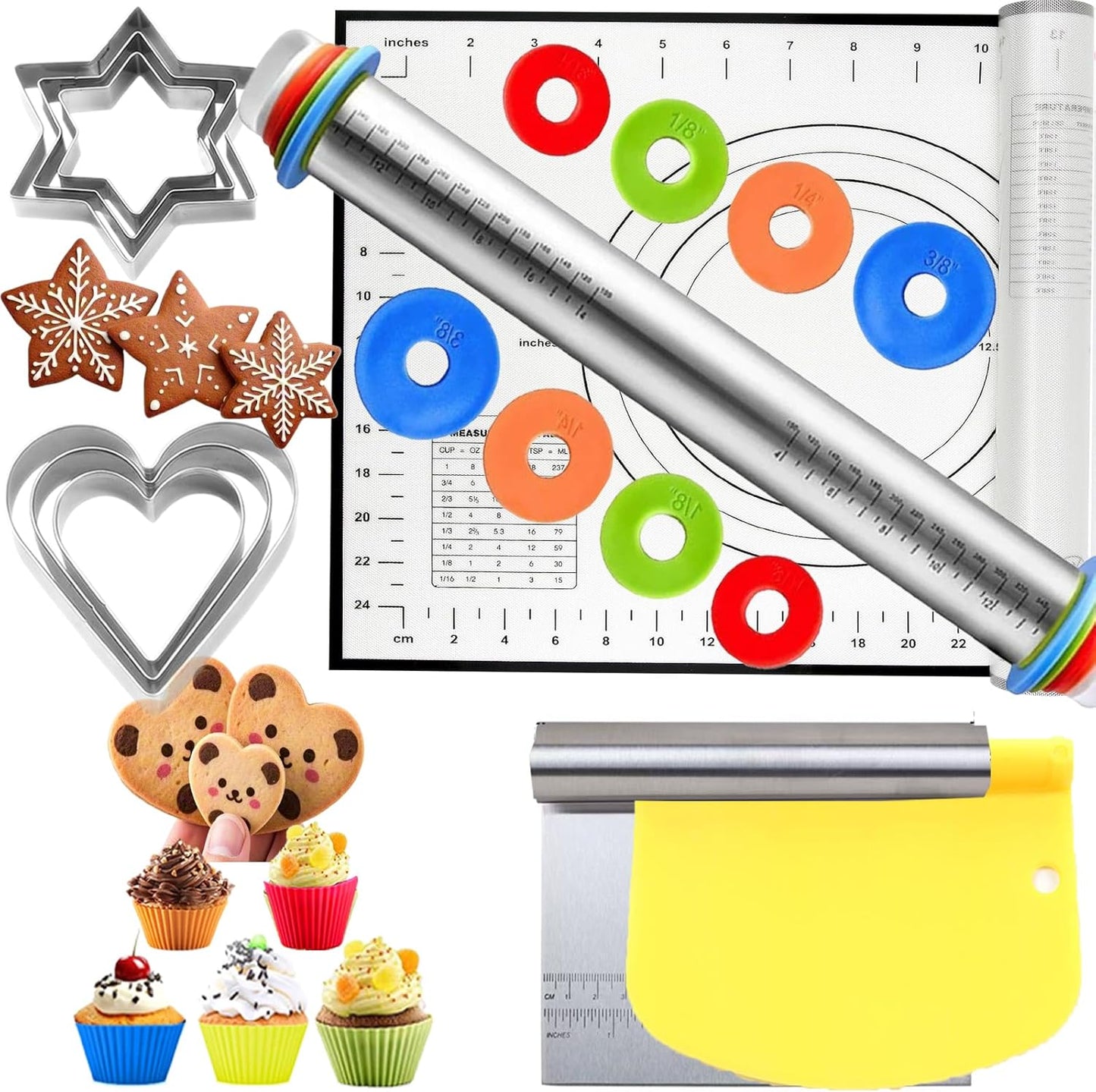 Adjustable Rolling Pin 20 Set and Silicone Baking Pastry Mat Set,Thickness Rings,Dough Roller & Steel Cutter& 6 Cookie Molds & 10 Cake Molds for Baking Dough Stainless Steel Dough Roller, Pizza, Pie