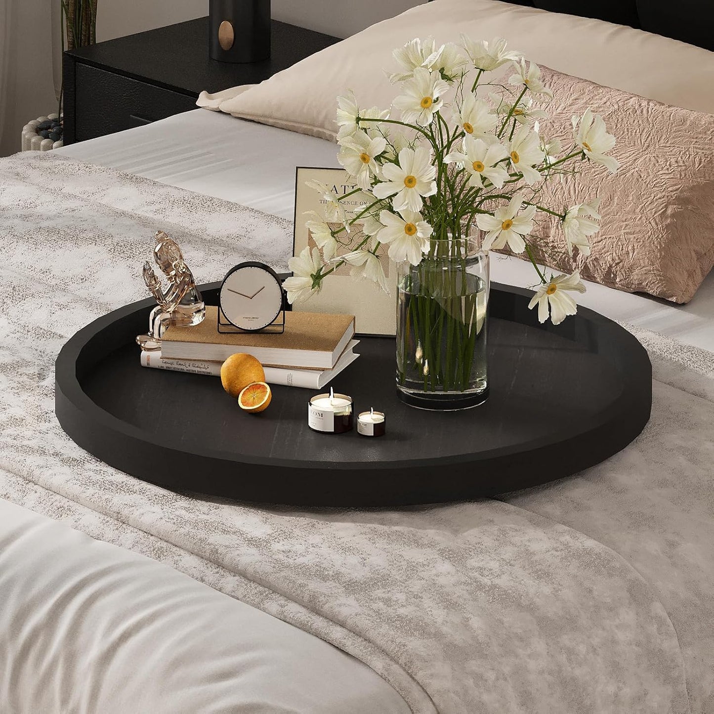 Round Ottoman Tray for Coffee Table Living Room Wood Serving Tray Large Wooden 24 Inches Black