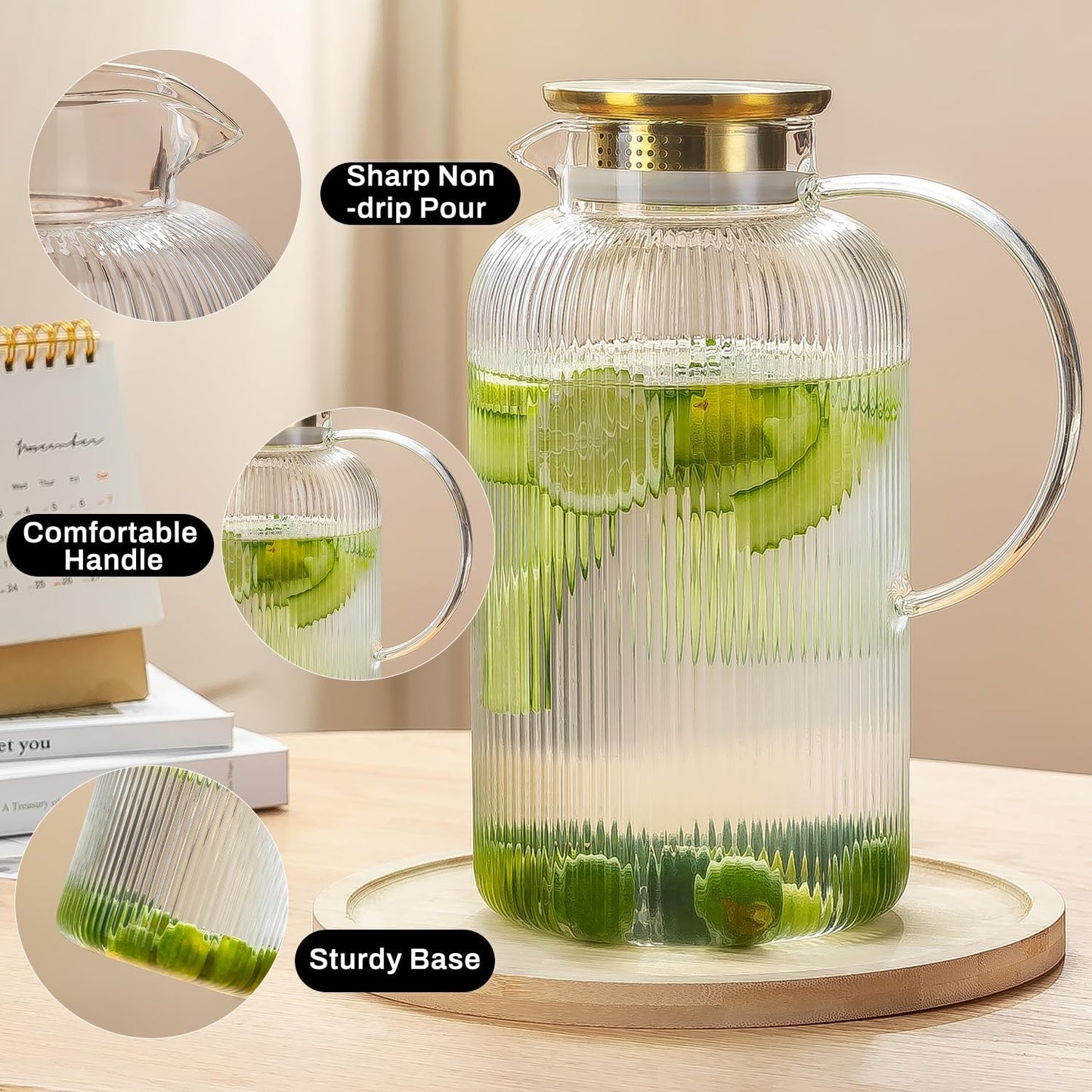 Glass Pitcher with Lid, 100 oz/ 3 Liter Classic Vertical Stripes Water Pitcher,Glass Water Carafe for Cold Brew, Coffee, Lemonade, Iced Sun Tea,Beverage, Milk, Heat Resistant
