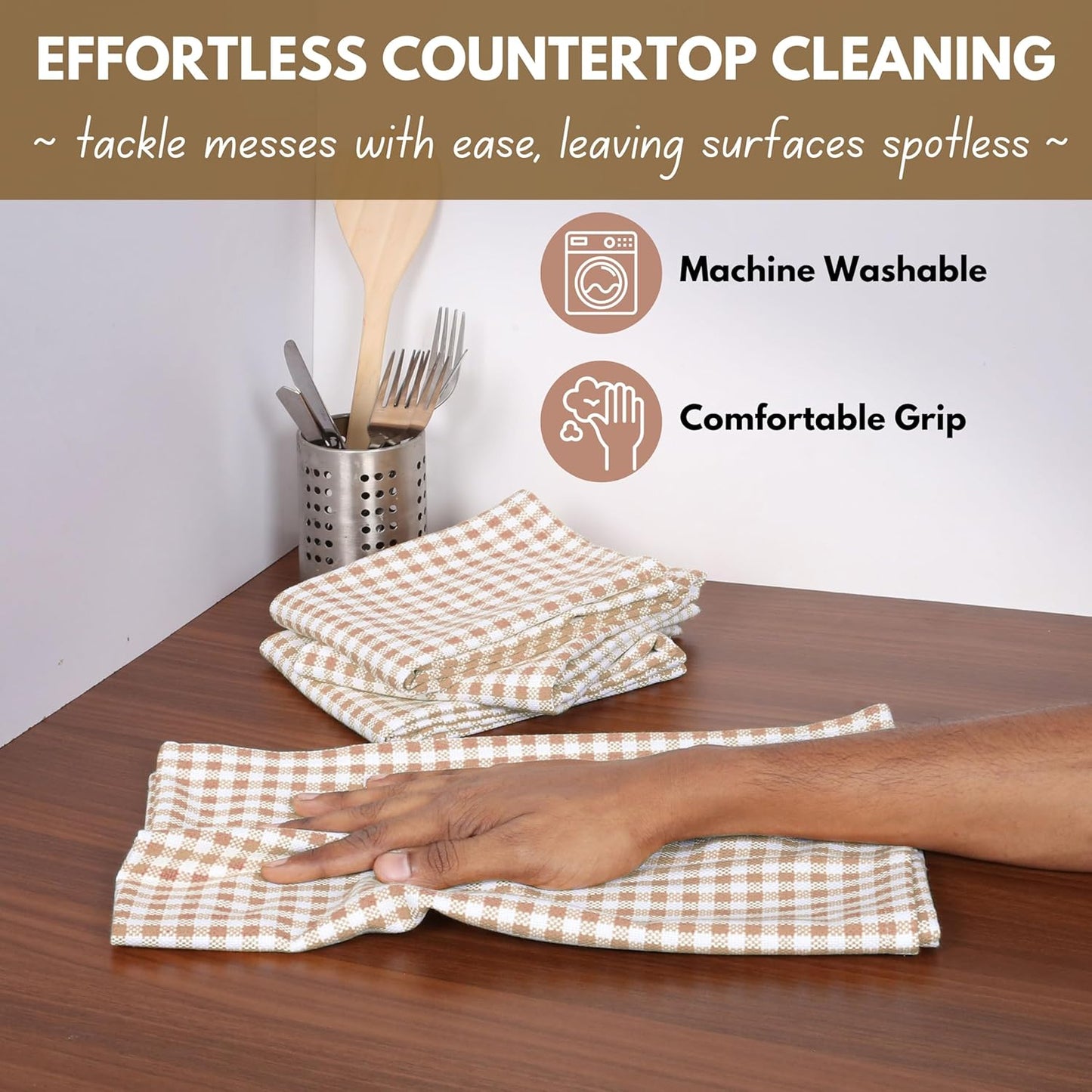 Native Fab Beige Gingham Kitchen Dish Towels 4 Pack 16"x26" - 100% Cotton Absorbent Plaid Tea Towels, Dish Cloths for Quick Drying, Reusable Dishcloth Set, Beige White