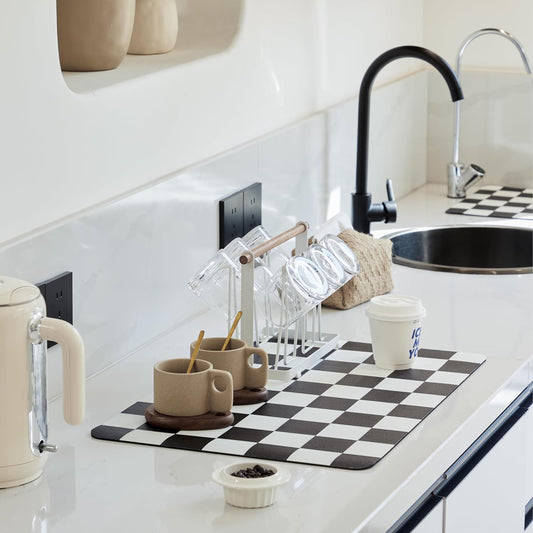 Checkered Dish Drying Mat for Kitchen Counter, Coffee Bar Station Accessories, Retro Cute Aesthetic Modern Absorbent Drainer Mat Kitchen Drying Mat Easy Clean, Black 12" x 19"