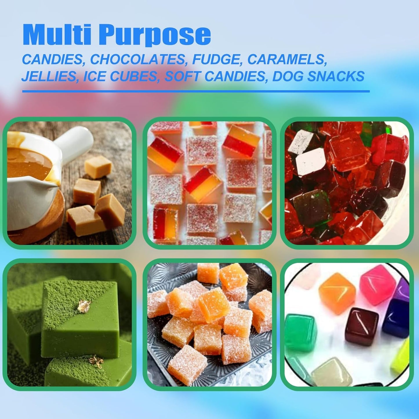 50 Cavities Mini Square Silicone Candy Molds -Square Hard Candy Mold for Hard Candy, Chocolate, Gummy, Caramel, Ganache, Ice Cubes.2 Packs- Blue&Green