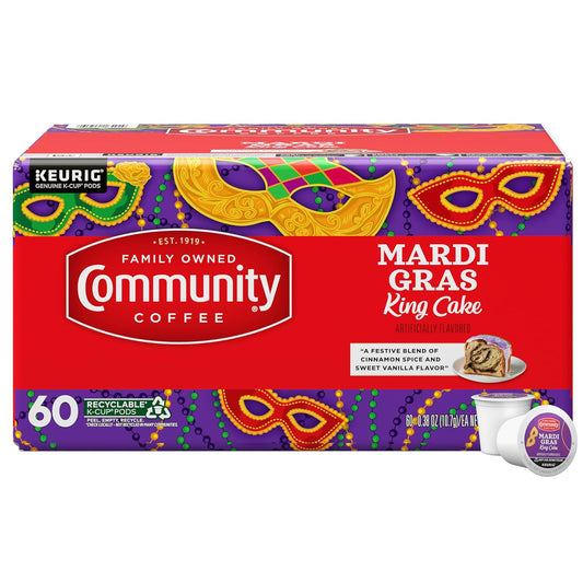 Community Coffee Mardi Gras King Cake Flavored, 60 Single-Serve Keurig K-Cup Pods, Medium Roast, 60 Count (Pack of 1)