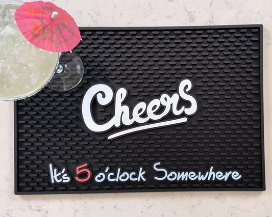 Cheers It's 5 o'clock Somewhere Tiki Bar Mats for Countertop 18 x 12in, Tiki Decor Cheers Sign for Bar Cart Decor and Essentials, Silicone Coffee Mat and Coffee Matt for Counter, Drink Signs for Party