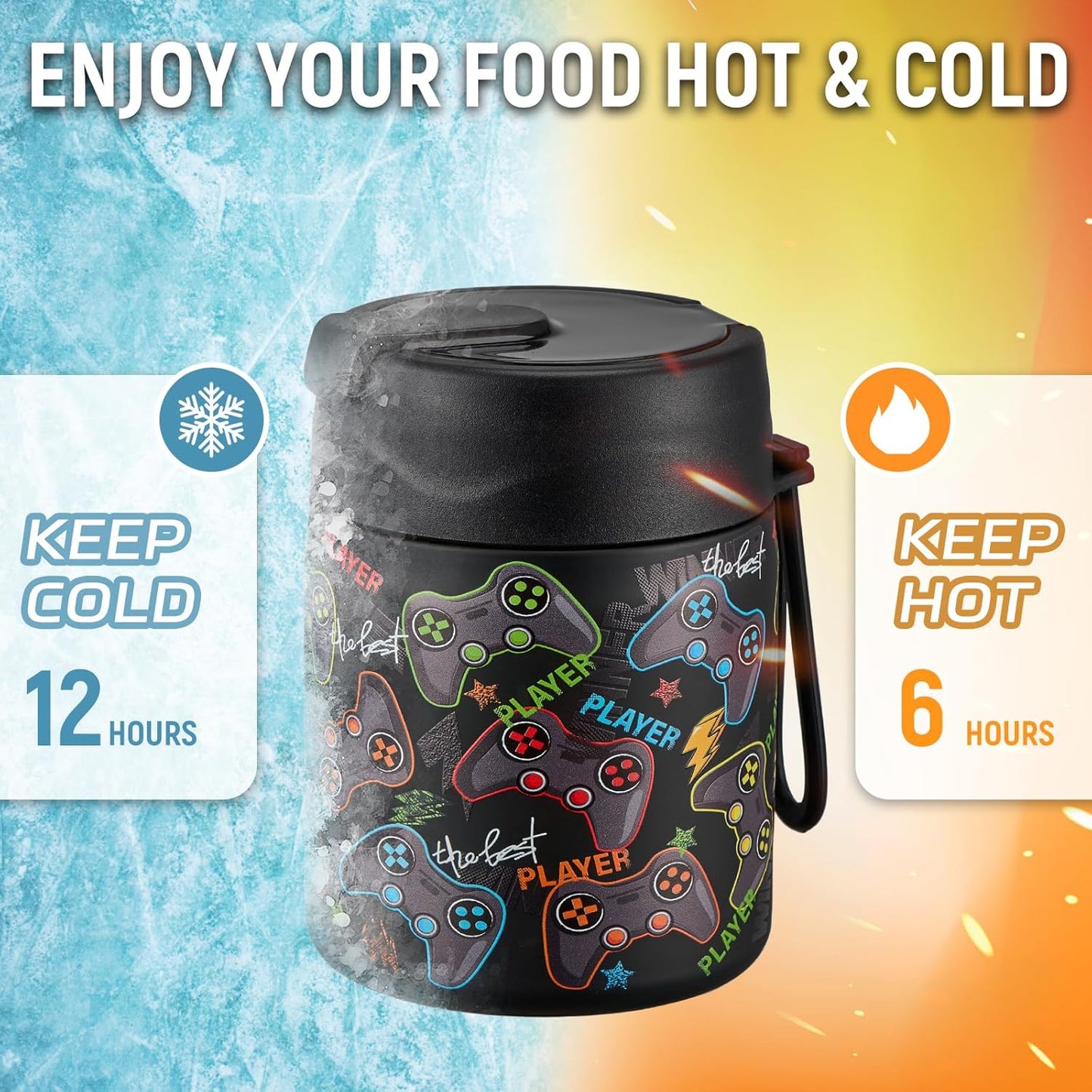 17oz Soup Thermo for Hot Food Kids Insulated Vacuum Food Jar with Stainless Steel Spoon Wide Mouth Thermo Leakproof Lunch Food Container Kids Hot Lunch Box (Black-Game)