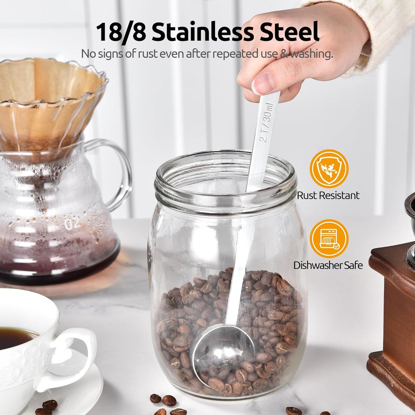 U-Taste Coffee Scoop 1&2 Tablespoon: 18/8 Stainless Steel Measuring Scooper for Ground Coffee, Bean, Powder, Espresso, 6.9in Long Handle Metal Meaure Spoon for Canister, Jar(1&2Tbsp/15&30ml, Silver)