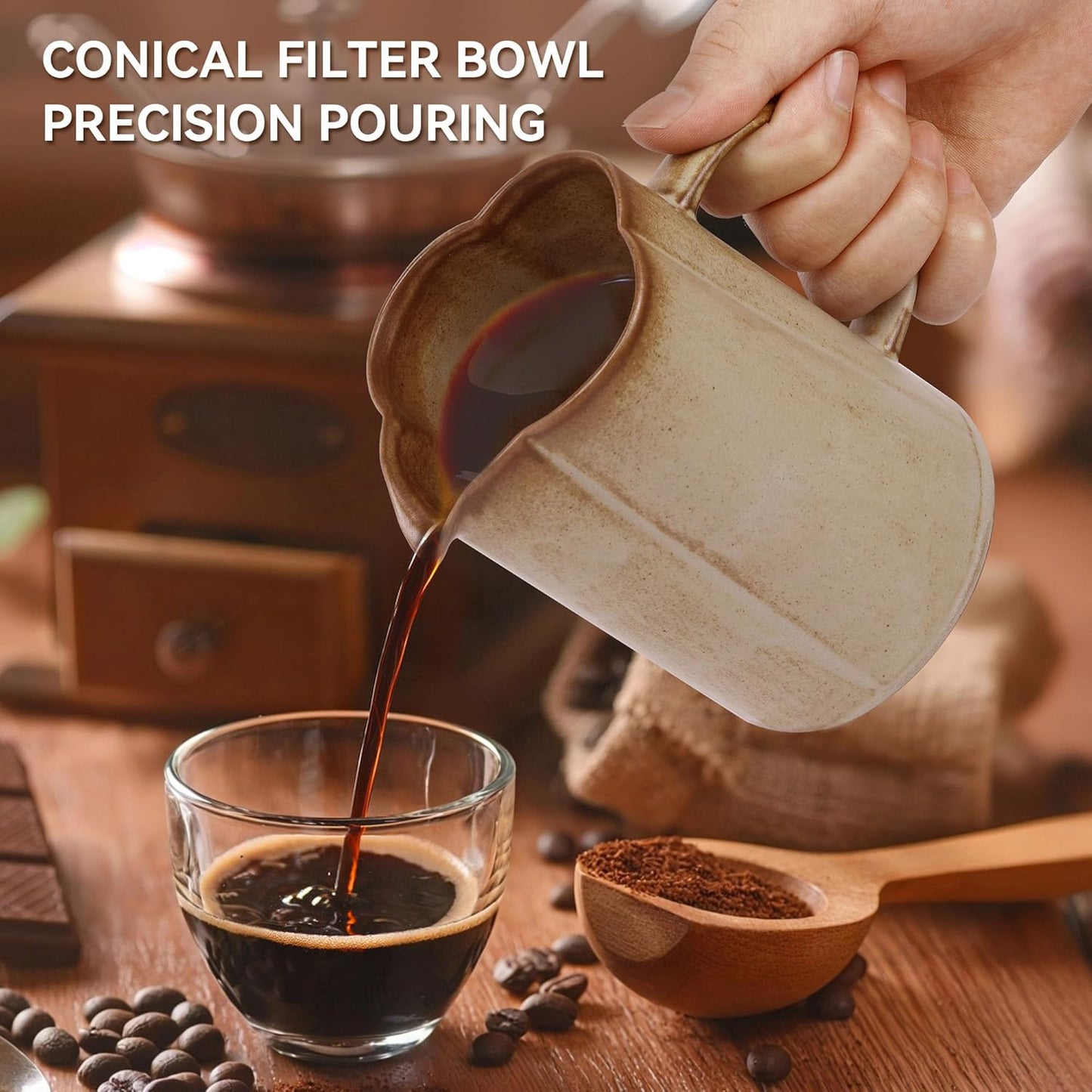 AZYM Pour Over Coffee Maker Set,V60 Coffee Dripper with 20 Count Paper Coffee Filters,Four-Leaf Clover-Shaped Drip Coffee Maker,Vintage Ceramic Carafe,for Home Brewing,Camping,17.5 oz (Yellow)