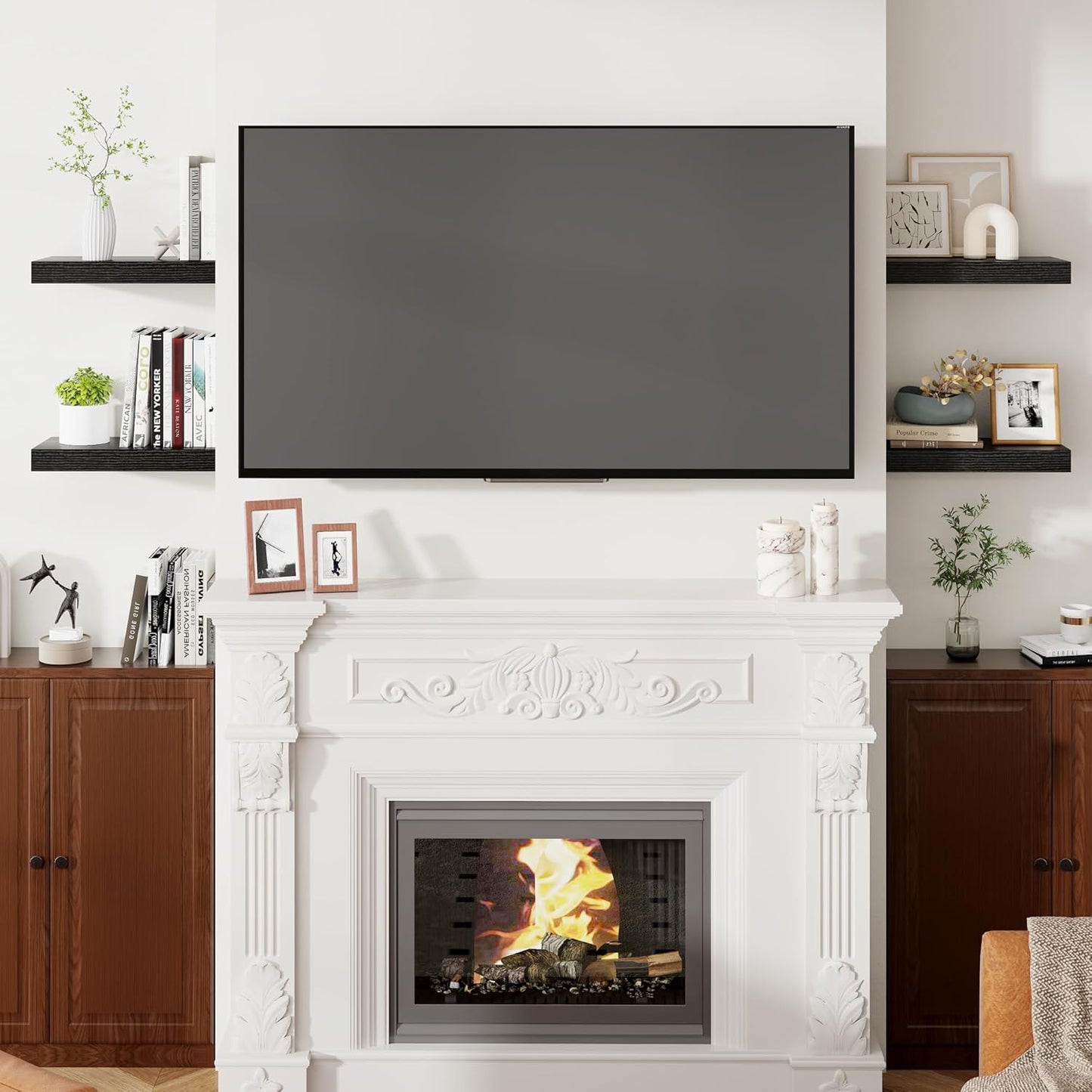 Heimlove 16 Inch Floating Shelves for Wall Black Shelves Set of 2,Wall Mounted Rustic Wood 8 Inch Deep Floating Shelf with Invisible Brackets for Bedroom Kitchen Living Room