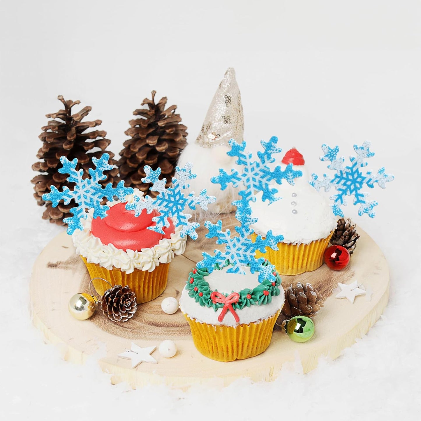 Gyufise 50Pcs Pink Edible Cupcake Cake Toppers Snowflake Cake Decorations for Christmas Winter Frozen Theme Party Supply Decoration Multi