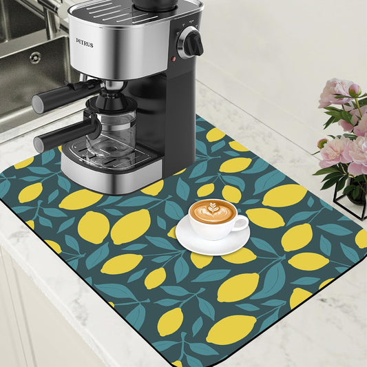 Yellow Lemon and Leaves Coffee Mat Absorbent Dish Drying Mat for Kitchen Counter Hide Stain Rubber Backed Coffee Bar Accessories Fit Under Espresso Machine 15.7 x 23.6 Inch