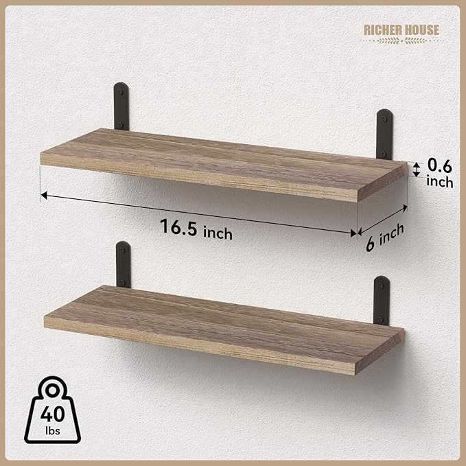 RICHER HOUSE Rustic Wood Shelves Set of 2, Farmhouse Style Floating Shelf - Image 3