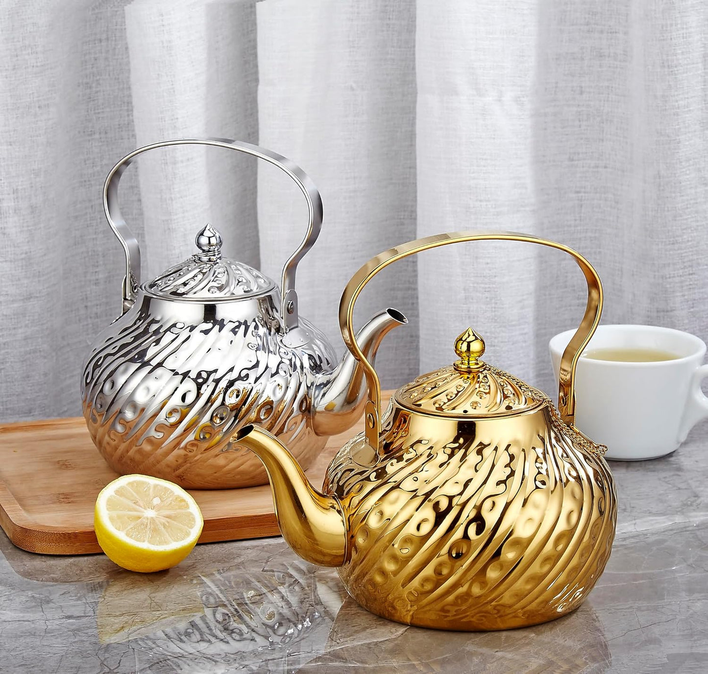 SANQIAHOME 2000ml stainless steel antique style teapot,with Infuser, thickened boiling kettle, lifting handle,Gold