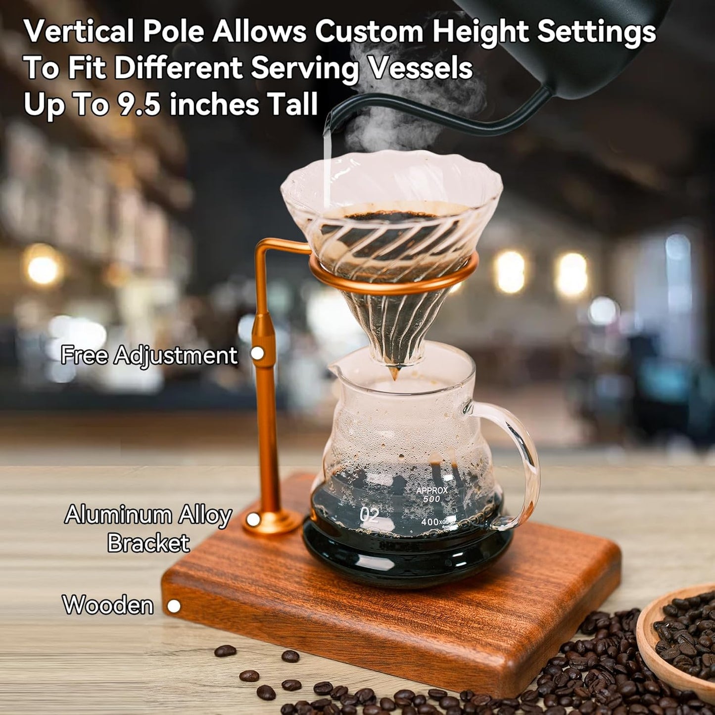 Pour Over Coffee Maker with Adjustable Stand & Wooden Base, Dripper Stand for Manual Coffee Brewing, Coffee Filter Holder, Tea Strainer Stand for Home, Café, Restaurant, Camping, Golden