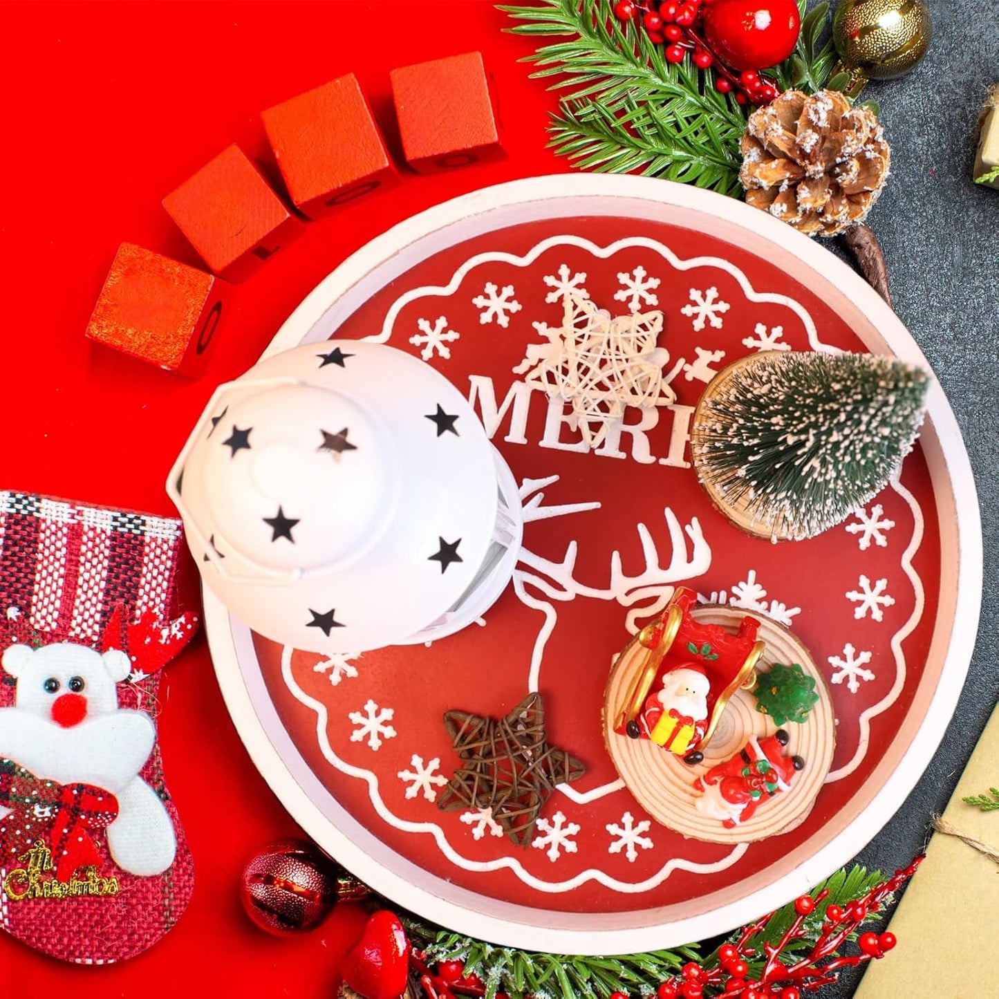 Christmas Reindeer Wood Decorative Ottoman Tray for Coffee Table Kitchen Counter, Living Room, Round Handcrafted Red Wooden Serving Tray for Table Centerpiece