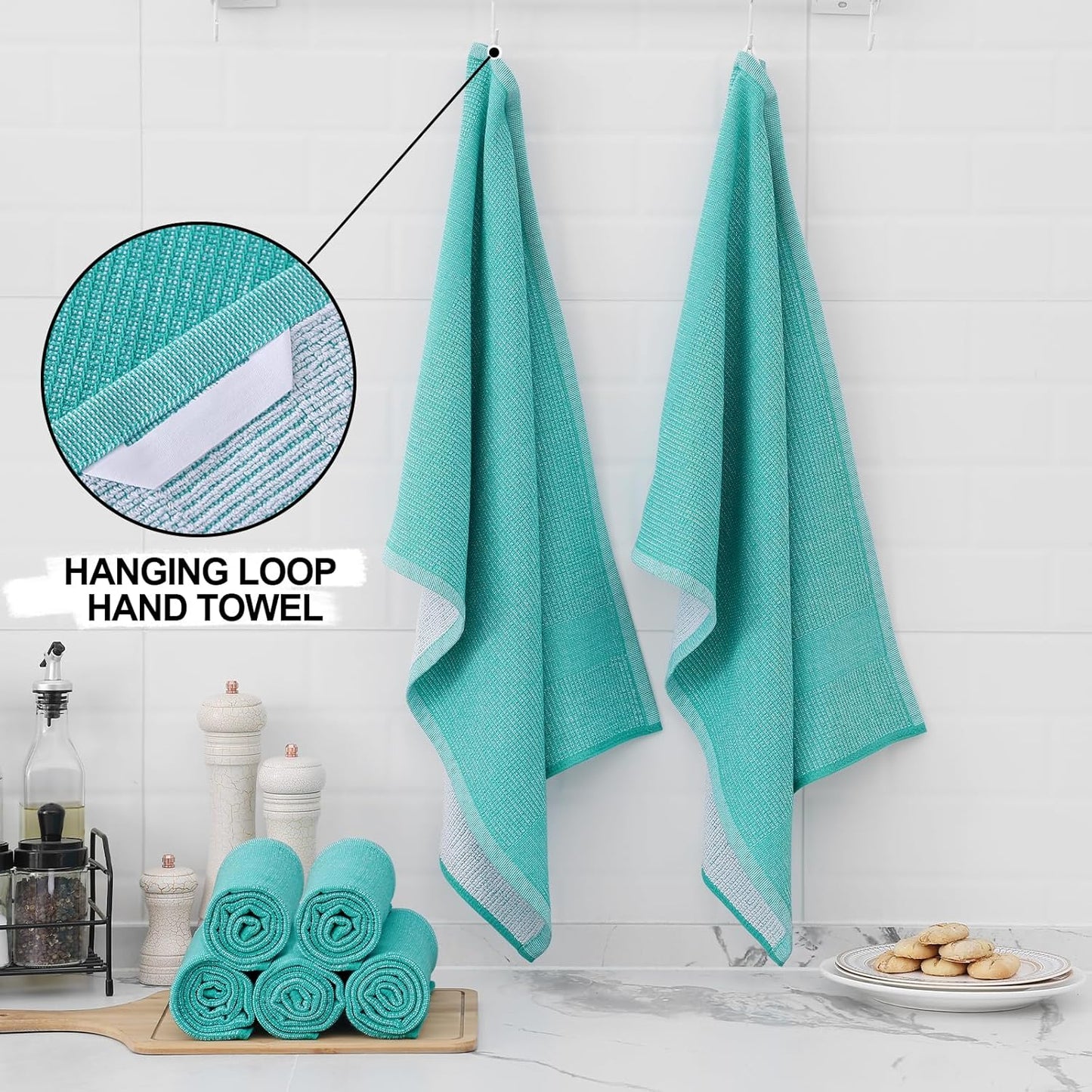 Homaxy Premium Kitchen Towels(18”x 28”, 6 Pack), Large Cotton Kitchen Hand Towels, Flat and Terry Dish Towels, 380 GSM Highly Absorbent Tea Towel Set with Hanging Loop, Teal