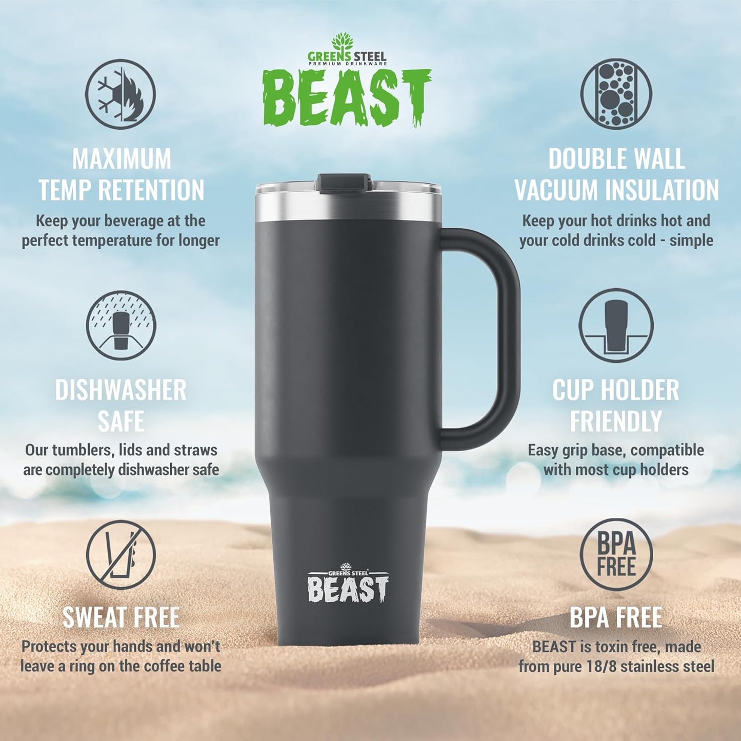 Beast 42 oz Tumbler Stainless Steel Vacuum Insulated Coffee Ice Cup Double Wall Travel Flask (Matt Black)