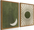 Framed Boho Sun and Moon Canvas Wall Art Set of 2, Vintage Sage Green Bohemian by Hwetui