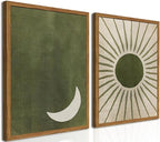 Framed Boho Sun and Moon Canvas Wall Art Set of 2, Vintage Sage Green Bohemian by Hwetui