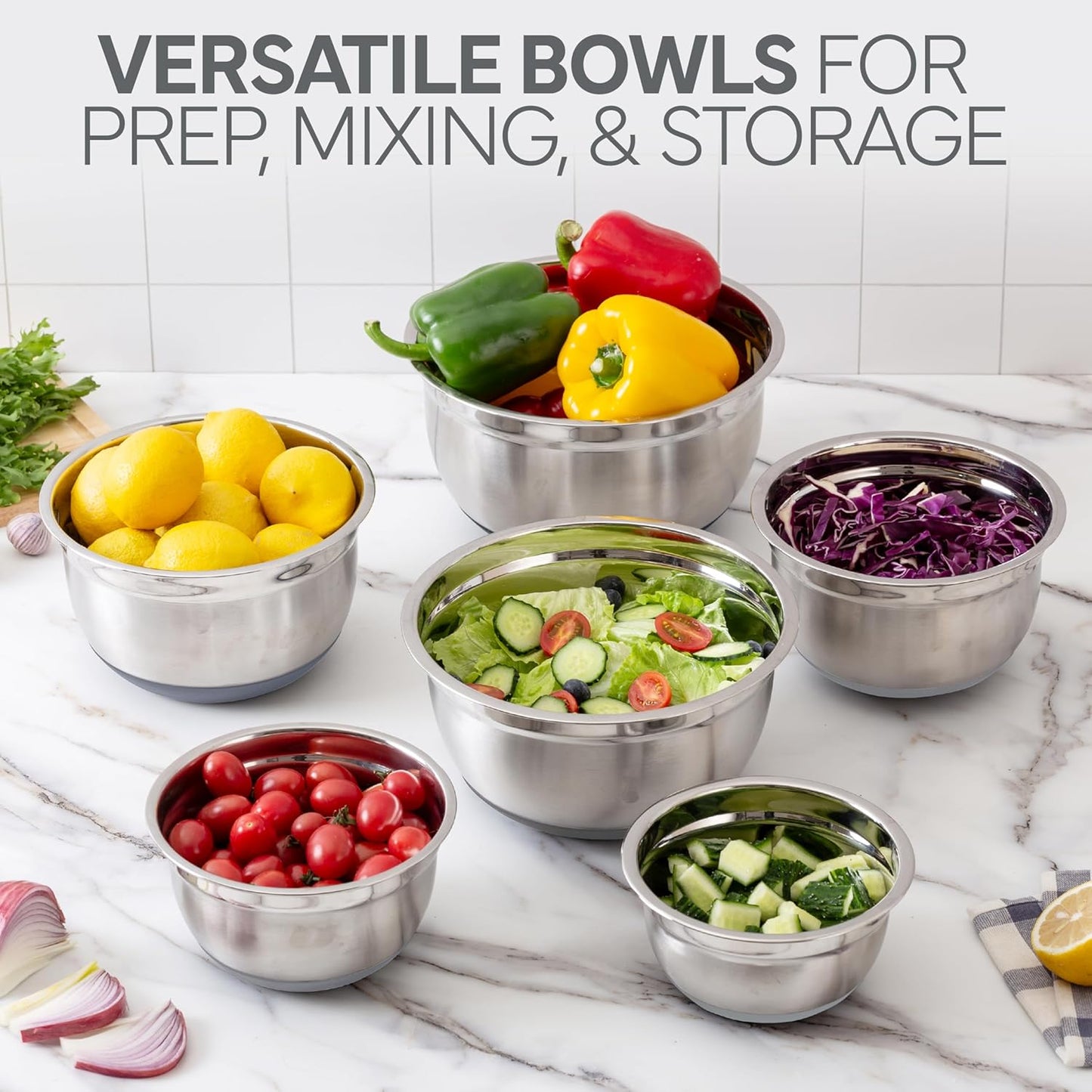 COOK WITH COLOR Stainless Steel Mixing Bowls Set with Lids - Nesting Bowls with Non-Slip Bottom, Grey, 12 Pieces