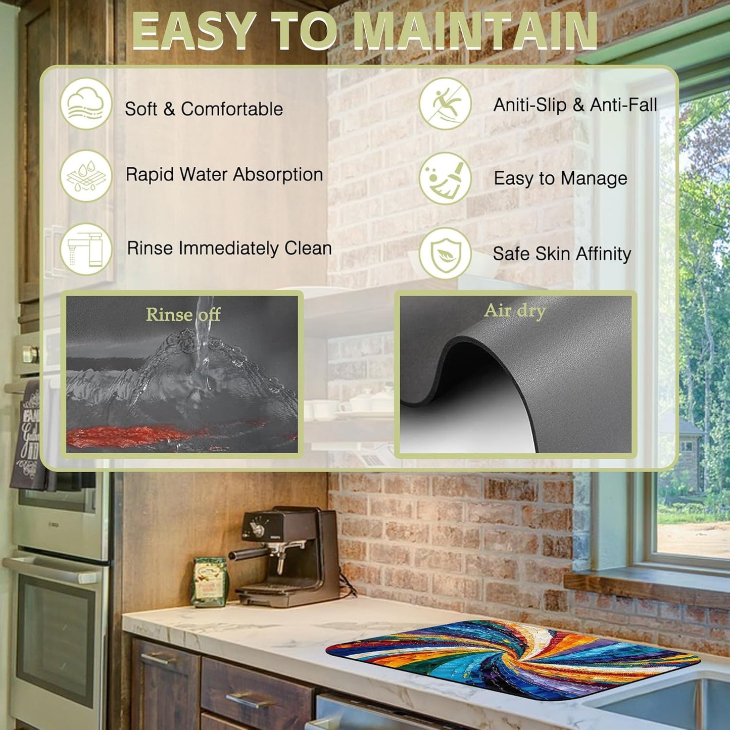 Kitchen Mat Swirl Colorful Textured Dish Drying Mat 16"x24" Bsorbent Coffee Maker Mat for Sink Dishes or Under Rack Kitchen Counter Accessories Absorbent Hide Stain Rubber Backed Dish Drying Pad