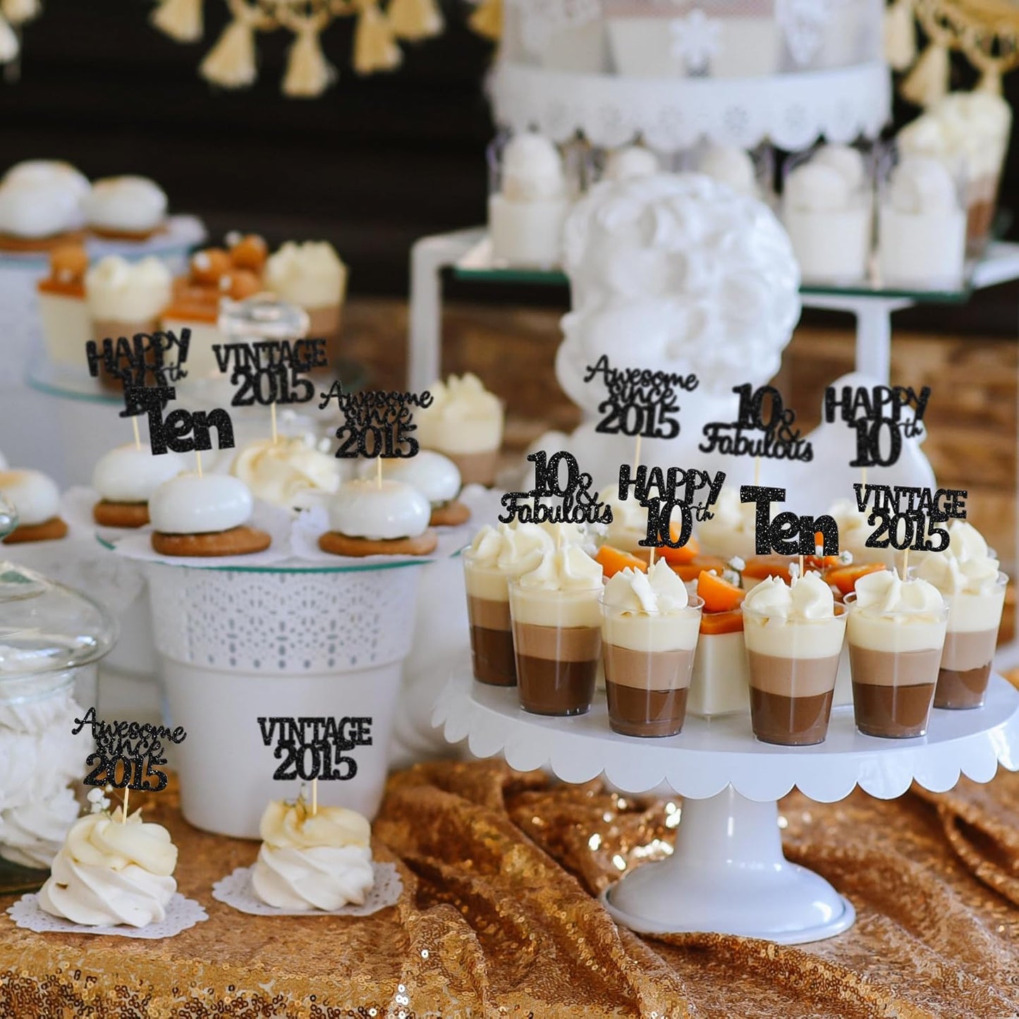 Gyufise 30Pcs Vintage 2015 Cupcake Toppers Glitter Ten Happy 10th Cupcake Picks Cheers to 10 Years Birthday Cake Decorations for Happy 10th Birthday Anniversary Party Supplies Black