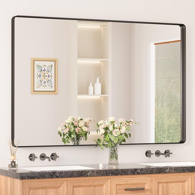 Keonjinn Black Bathroom Mirror 55 x 36 Inch Large Rounded Rectangle Mirror by Keonjinn