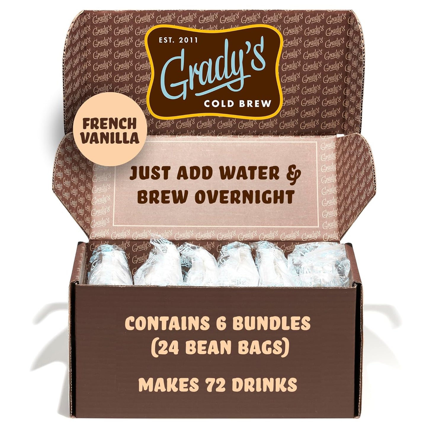 GRADY’S COLD BREW, French Vanilla, 100% Arabica Ground Coffee & Chicory Pouches | SIX Bundles of 4 Easy-to-Brew Bean Bags, Makes 72 drinks