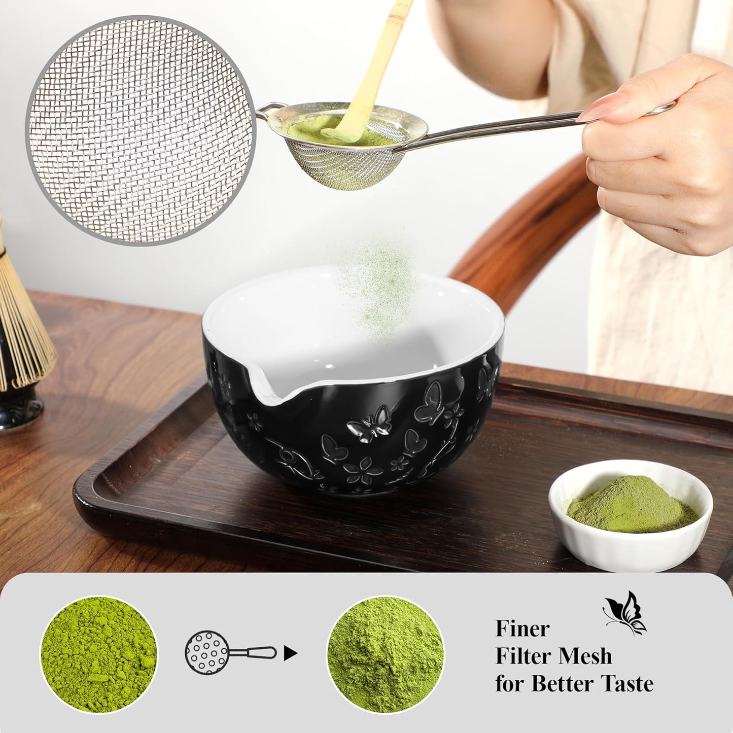 Matcha Whisk 7 PCS Matcha Whisk Set Ceramic Matcha Kit for Ceremony (Matcha Bowl, Bamboo Whisk and Holder), Matcha Tea Set for Making Breakfast/Latte Japanese Tea Tools for Ceremony Gift Black