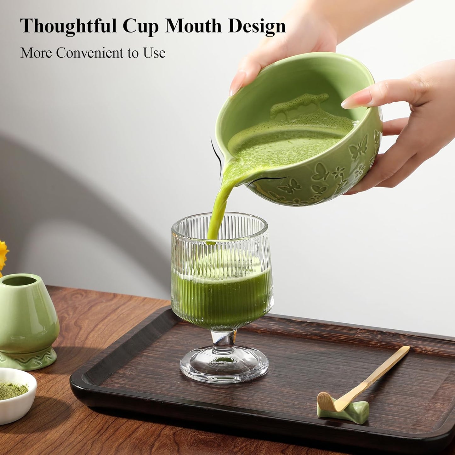 Ceramic Matcha Whisk Set 7 PCS Matcha Set Large Matcha Bowl, Matcha Whisk and Holder, Bamboo Scoop and Scoop Rest, Stainless Sifter and Tea Towel, Matcha Kit for Matcha Tea Ceremony Green