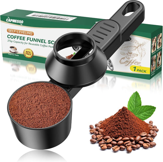 CAPMESSO Coffee Scoop & Funnel for Reusable K Cup Refillable Coffee Pods: 2 Tablespoon Coffee Measuring Scoop - Easy Slide Scoop for Ground Coffee, Protein Powder, Tea without Spilling (1 Pack)