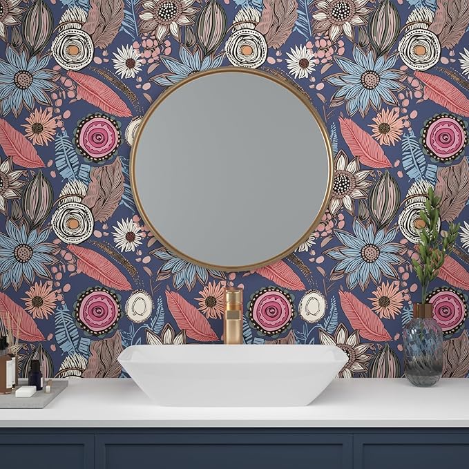 Boho Wallpaper Peel and Stick, Vintage Blue Pink Floral Contact Paper, Retro - Image 4