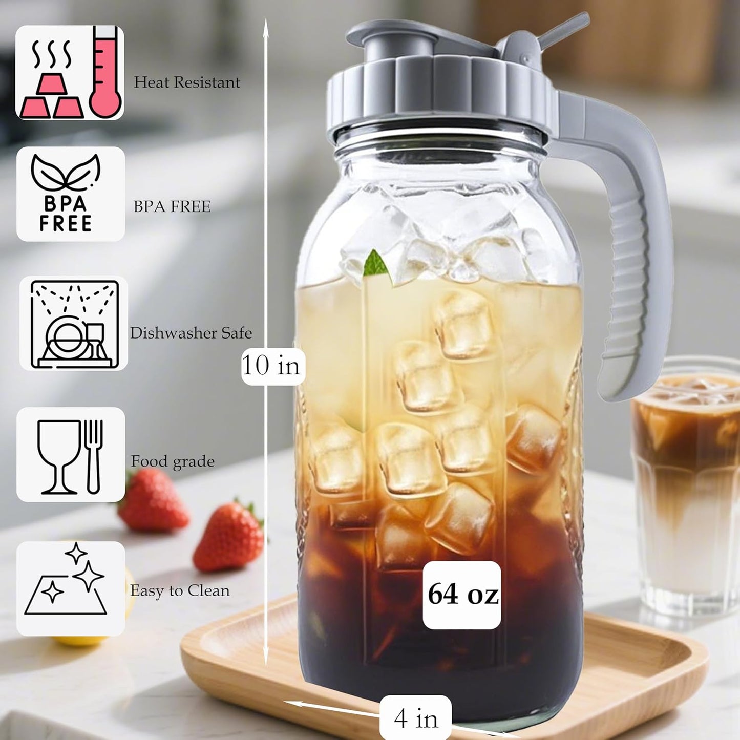 64 Oz Glass Mason Jar Water Pitcher With Lid Half Gallon Wide Mouth Sun Tea Pitchers 2 Quart Cold Brew Hot Water Jug Carafe For Coffee,Lemonade, Beverage,Milk,Juice Container For Refrigerator
