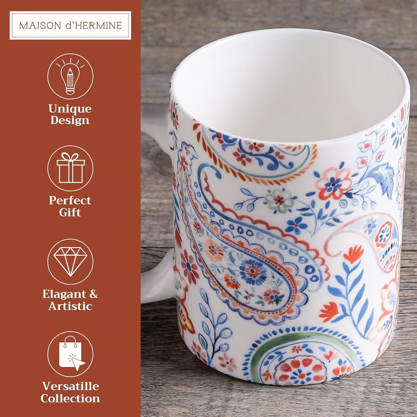 Maison d' Hermine Coffee Mug with Handles Fine Bone China Mugs Pack of One Tea Cups for Hot Beverages Cappuccino Latte Home Restaurant Office Perfect for Gift (Indian Floral - Paisley, 12 Ounce)