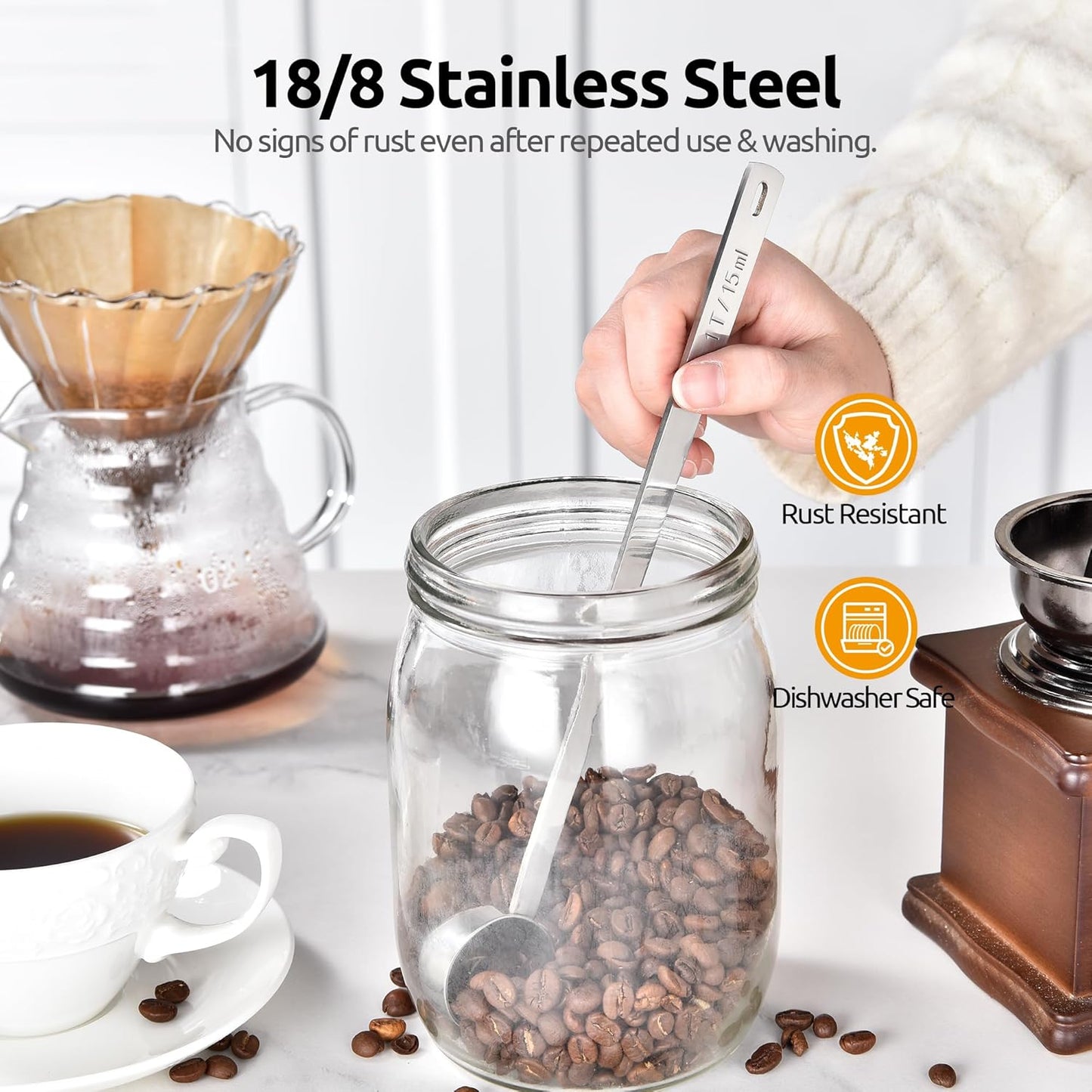 U-Taste Coffee Scoop 1&2 Tablespoon: 18/8 Stainless Steel Measuring Scooper for Ground Coffee, Bean, Powder, Espresso, 8.5in Long Handle Metal Meaure Spoon for Canister, Jar (1&2Tbsp/15&30ml, Silver)