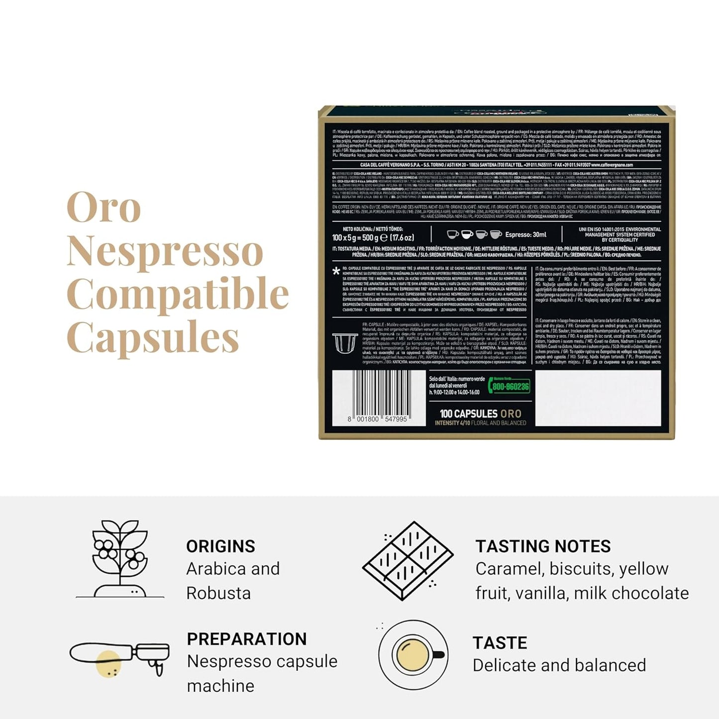 Caffe' Vergnano 1882 Medium Roast Espresso Original Line Machine Compatible Capsules, Arabica Robusta Espresso Coffee, Italian Coffee For Nespresso Coffee Machines, Intensity 4/10, Oro, 100 Ct