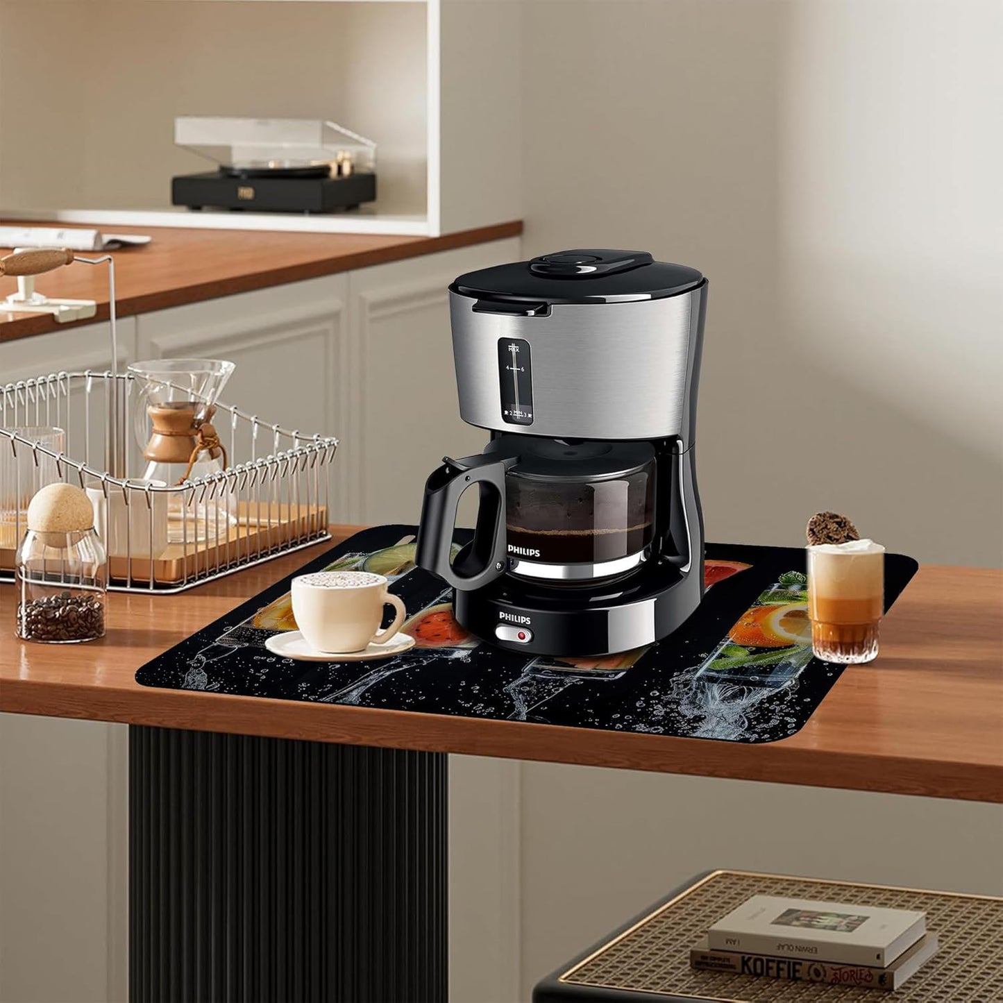 Dish Drying Mat Glasses Filled with Various Fruits Kitchen Mat 12"x19" Bsorbent Coffee Maker Mat for Dishes,Utensils Coffee Maker Pots and Pans Easy Clean Dish Slip Resistant Pad