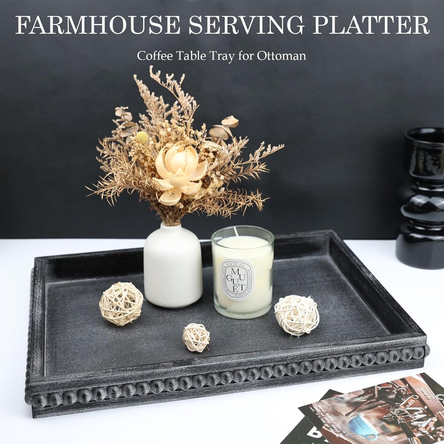 Rectangle Wood Serving Tray with Beads, Black Washed Wooden Decorative Tray for Entertaining, Decoration, and Gifting