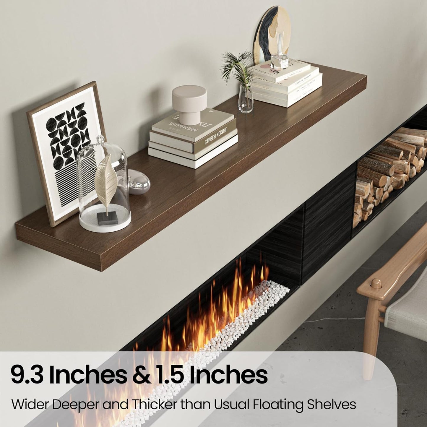 Floating Shelves for Wall, 48" W x 9.3" D x 1.5" H, Wooden Wall Mounted Display Shelves with Invisible Brackets for Living Room, Bedroom, Bathroom, Kitchen Decor and Storage, Set of 1, Walnut