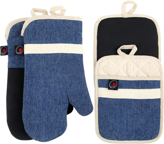 Oven Mitts and PotHolders Sets, 4 Pcs Kitchen Oven Glove High Heat Resistant 400°F Pot Holders for Kitchen, Non-Slip Neoprene Oven Mitts are Suitable for Cooking, Baking (Blue)