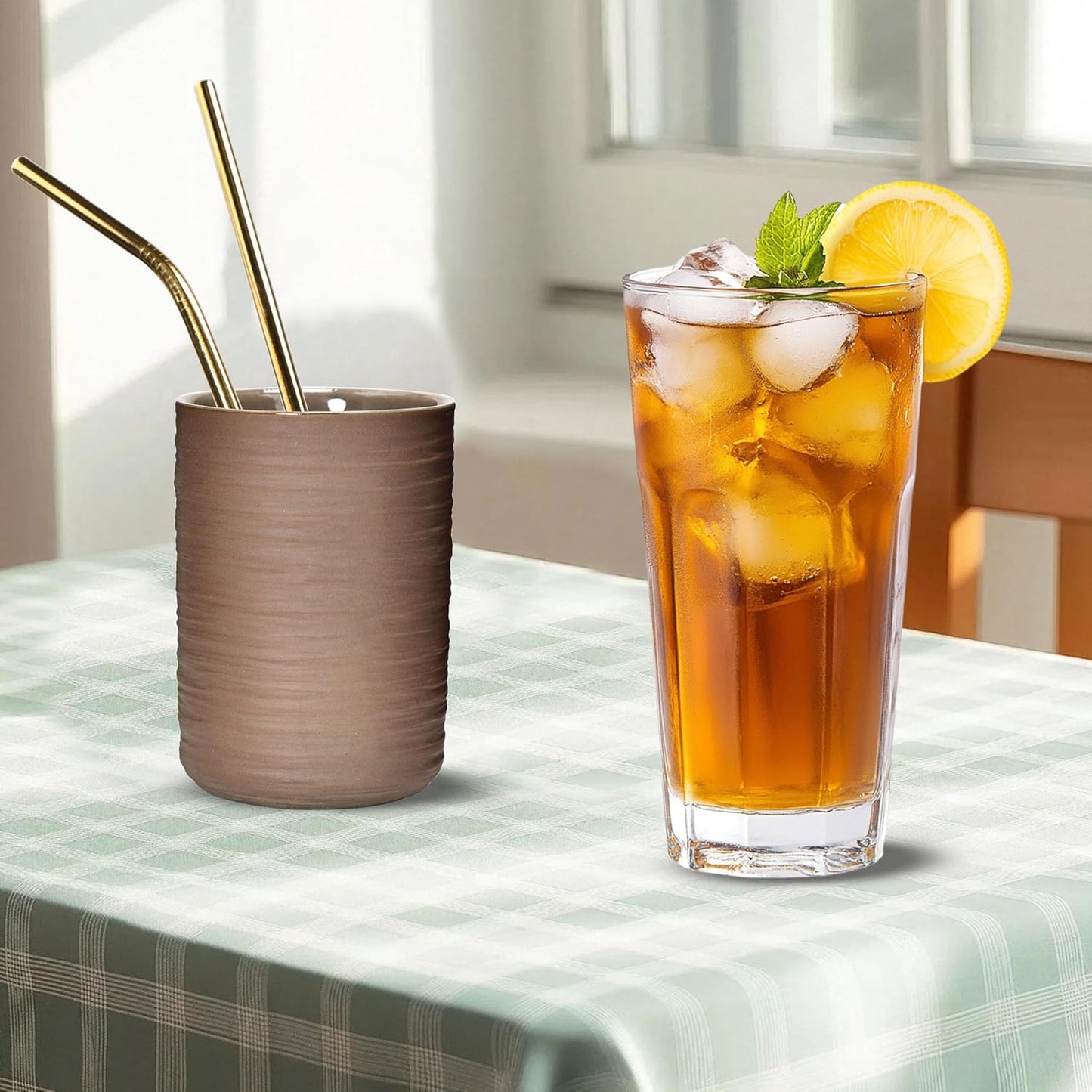 Ceramic Spoon Holder for Coffee Bar, Upright Tea Spoon Holder Cup, Coffee Stirrers Straws Stir Stick Holder, Glossy Silk Stripe