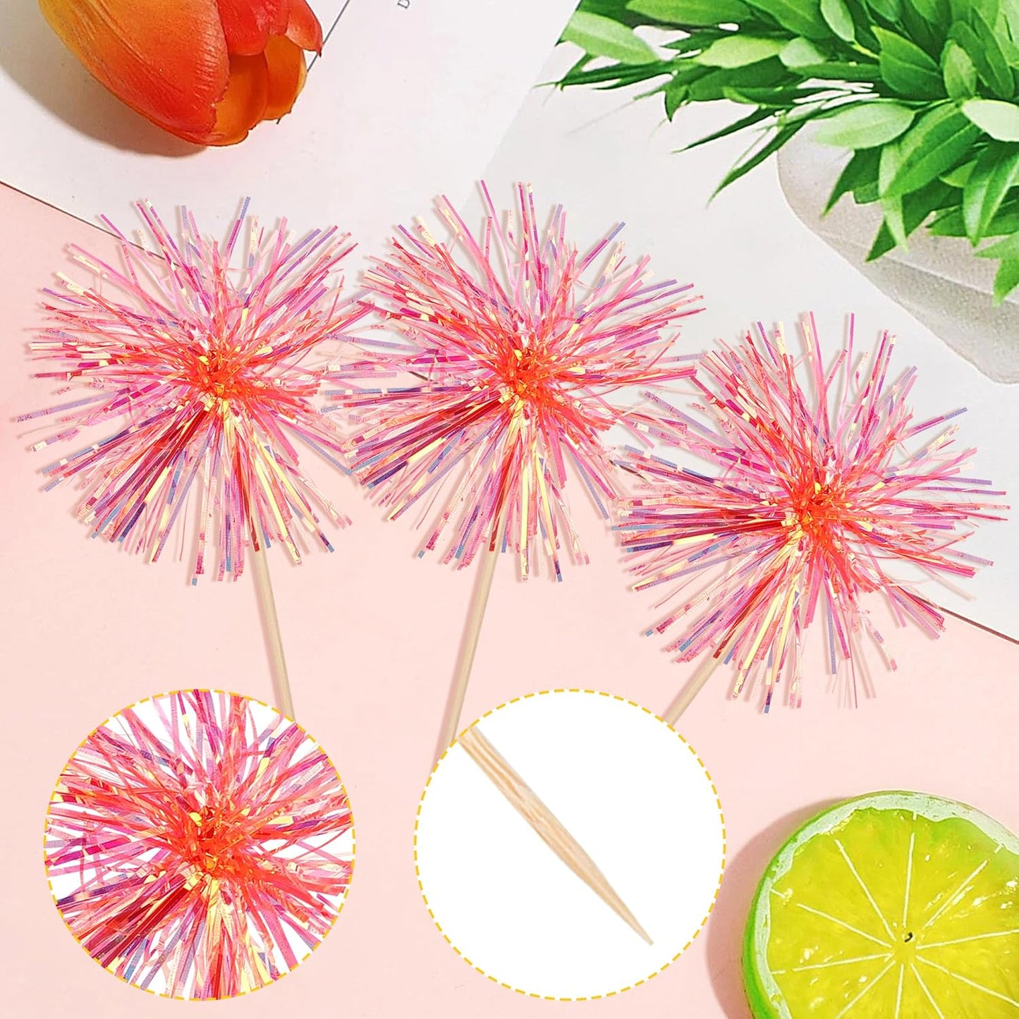 30 PCS Foil Firework Cupcake Toppers Happy Birthday Cupcake Toppers Sparkle Tinsel Flower Drink Stirrers Cocktail Fruit Toothpicks for Valentine's Day Baby Shower Party Cake Decor Supplies Orange