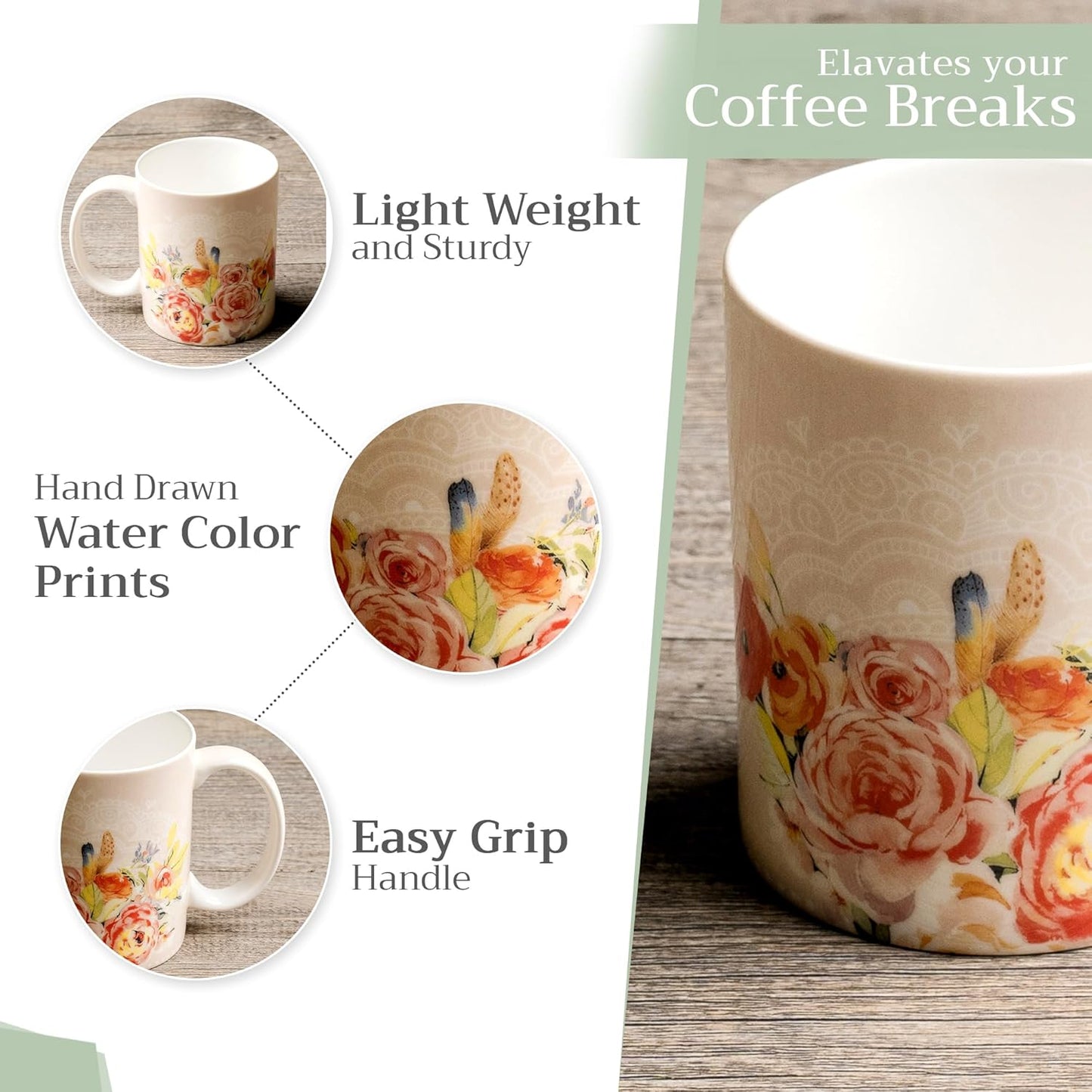 Maison d' Hermine Coffee Mug with Handles Fine Bone China Mugs Pack of Two Tea Cups for Hot Beverages Cappuccino Latte Home Restaurant Office Perfect for Gift (Ibiza - Beige, 15 Ounce)