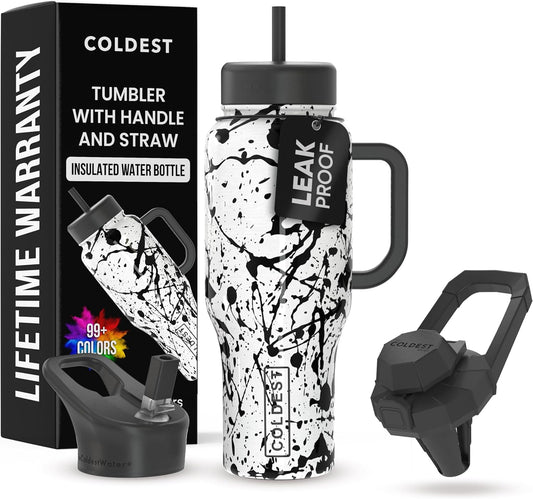 Coldest 40 oz Tumbler with Handle and Straw - 100% Leak Proof Insulated Tumbler with Lid and Straw (3 Lids) - Stainless Steel Tumblers for Women & Men - Cup Holder Friendly Base, 36 oz (Dark Matter)